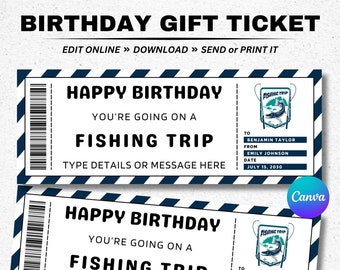 Modello di biglietto voucher regalo per gita di pesca di compleanno - Certificato coupon per gita di pesca a sorpresa - Buono regalo di compleanno modificabile stampabile