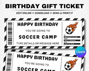 Birthday Soccer Camp Gift Voucher Ticket Template - Surprise Soccer Camp Coupon Certificate - Printable Editable Birthday Gift Card