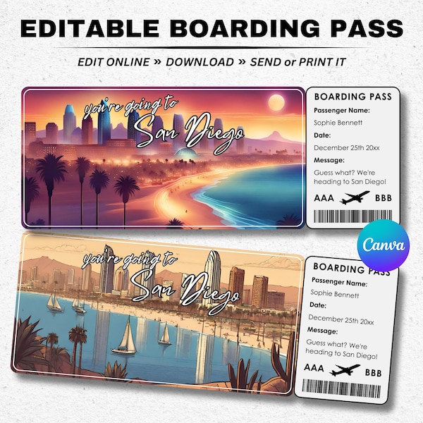 Boarding Pass San Diego - Surprise San Diego Trip Ticket - You're going to San Diego - Printable Boarding Pass Template - Flight Ticket