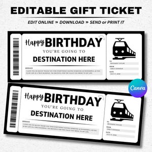Modello modificabile di biglietto regalo per il treno di compleanno, buono per la carta d'imbarco a sorpresa, modello Canva stampabile, download immediato