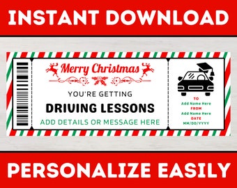 Modelo de bilhete de vale-presente para aulas de direção de Natal - Certificado de cupom surpresa para aprender a dirigir - Cartão-presente de Natal editável para impressão