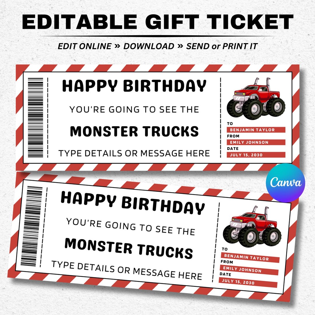 Birthday Monster Truck Show Gift Voucher Ticket Template Surprise