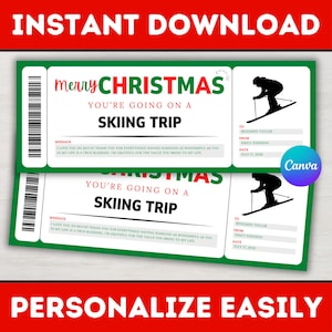 Editable Christmas Skiing Trip Gift Ticket Template - Christmas Surprise Ski Trip Voucher Coupon Card - Ski Pass - Printable Canva Template