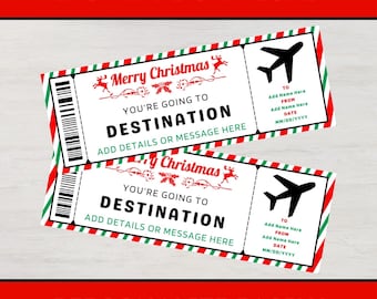 Christmas Boarding Pass Gift Voucher Ticket Template - Surprise Trip Fake Plane Flight Coupon Certificate - Editable Trip Christmas Card