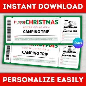 Editable Christmas Camping Trip Gift Ticket Template - Christmas Surprise Camping Voucher Coupon Card - Printable Canva Template