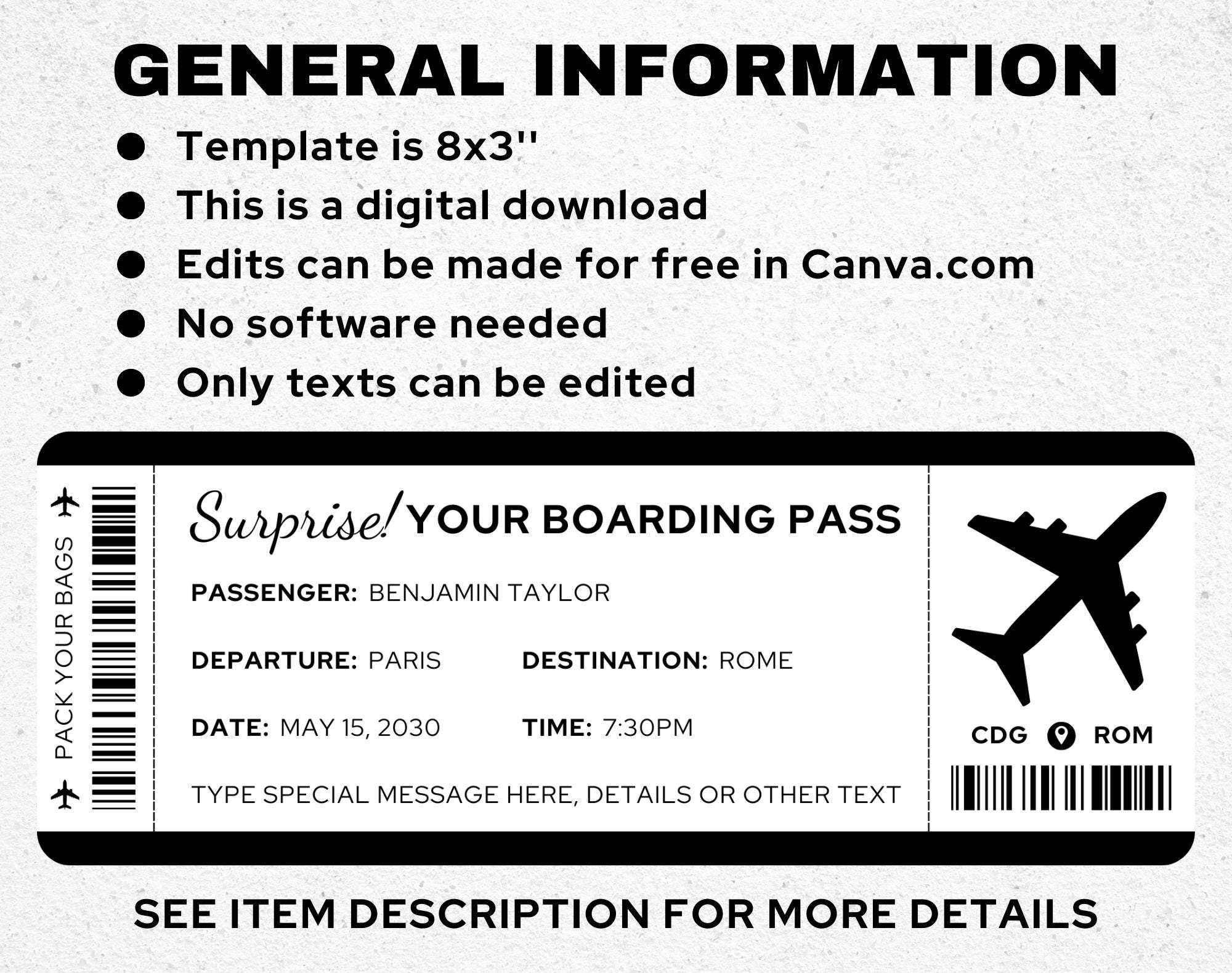 Fake Plane Ticket Template, Editable Boarding Pass Template, Plane