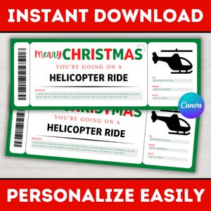 Editable Christmas Helicopter Ride Gift Ticket Template - Christmas Surprise Helicopter Tour Voucher Coupon Card - Printable Canva Template