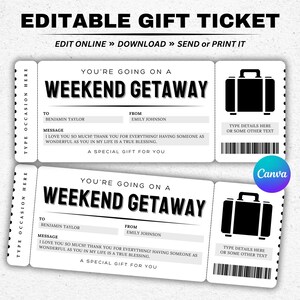Modèle de bon-cadeau pour une escapade de week-end - Modèle de billet de week-end modifiable - Chèque-cadeau imprimable - Coupon surprise - Carte-cadeau