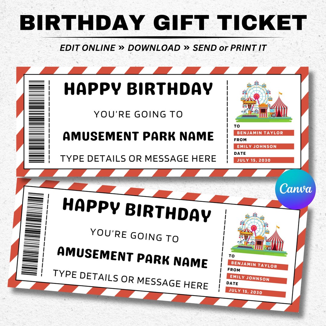 Birthday Amusement Park Gift Voucher Ticket Template Surprise Theme Park Coupon Certificate ...
