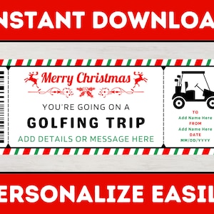 Christmas Golfing Trip Gift Voucher Ticket Template - Surprise Golfing Trip Coupon Certificate - Printable Editable Christmas Gift Card