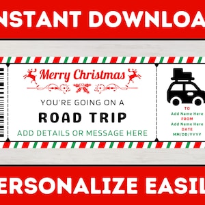 Christmas Road Trip Gift Voucher Ticket Template - Surprise Vacation Reveal Coupon Certificate - Printable Editable Christmas Gift Card