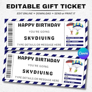 Modelo de bilhete de voucher de presente de paraquedismo de aniversário - Certificado de cupom de paraquedismo surpresa - Cartão de presente de aniversário editável para impressão