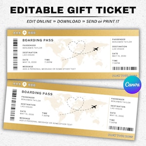 Bordkarte, bearbeitbare Bordkartenvorlage, Überraschungsreise, druckbare Bordkarte, Flugticket, Fluggeschenk, Canva Bordkarte