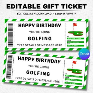 Modelo de bilhete de voucher de presente de golfe de aniversário - Certificado de cupom de jogo surpresa para uma rodada de golfe - Cartão de presente de aniversário editável para impressão