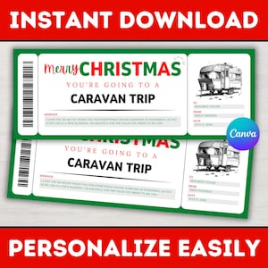Editable Christmas Caravan Trip Gift Ticket Template - Christmas Surprise Caravan Holiday Voucher Coupon Card - Printable Canva Template