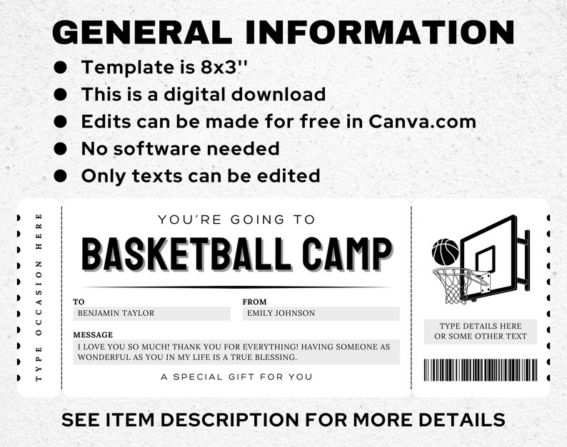 Basketball Camp Gift Voucher Template - Editable Basketball Camp Ticket ...