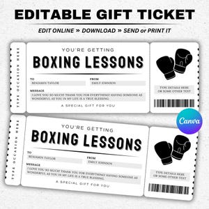 Plantilla de vale de regalo para lecciones de boxeo - Plantilla de boleto de membresía de boxeo editable - Certificado de regalo imprimible - Cupón sorpresa - Tarjeta de regalo