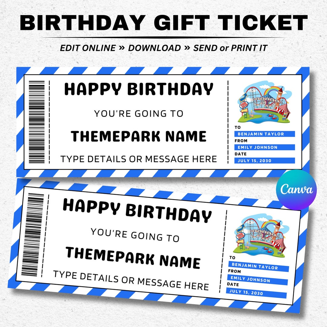 Birthday Theme Park Gift Voucher Ticket Template Surprise Amusement Theme Park Coupon ...