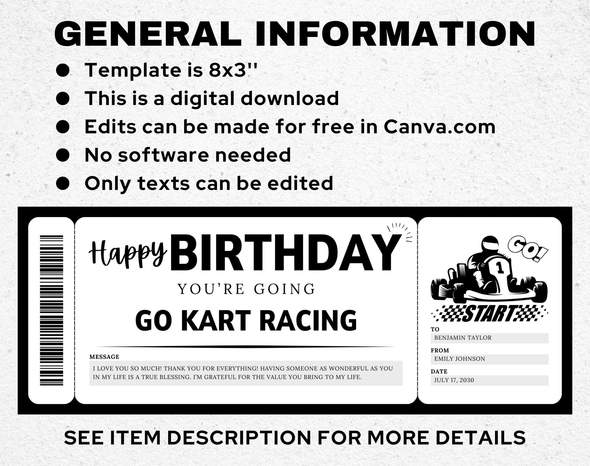 Editable Birthday Go Kart Racing Gift Ticket Template - Surprise Go ...