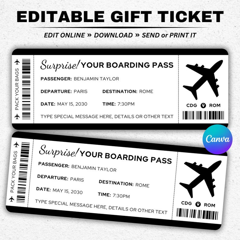 Fake Plane Ticket Template Editable Boarding Pass Template Plane