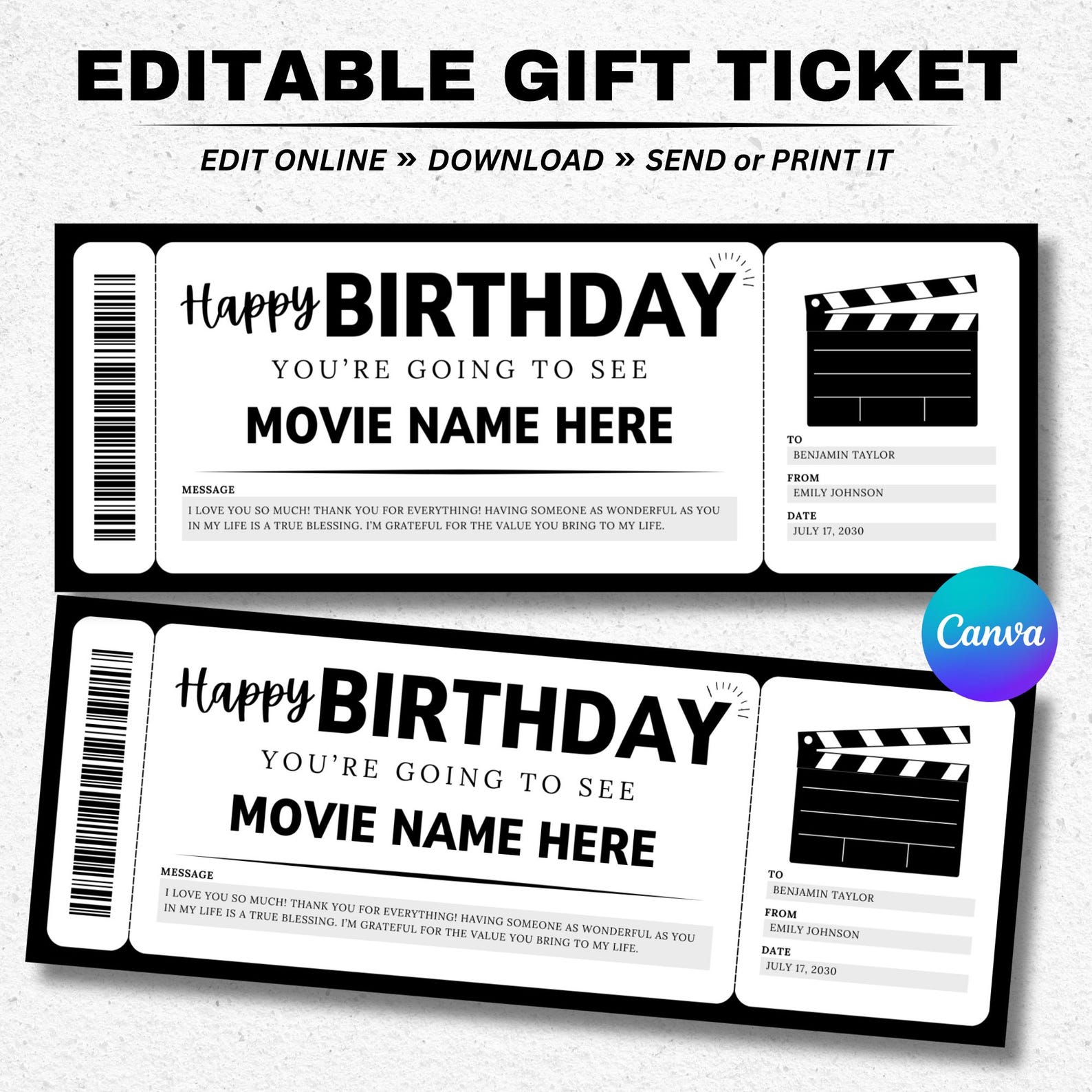 Editable Birthday Movie Gift Ticket Template - Surprise Movie Night