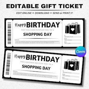 Modello modificabile di biglietto regalo per la giornata dello shopping di compleanno, buono sconto per la spesa a sorpresa, modello Canva stampabile, download immediato