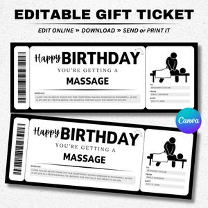 Editable Birthday Massage Gift Ticket Template - Surprise Massage Voucher Coupon Card - Printable Canva Template - Digital Instant Download