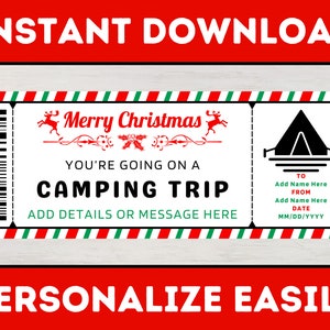 Christmas Camping Trip Gift Voucher Ticket Template - Surprise Camping Trip Vacation Coupon Certificate - Printable Editable Christmas Card
