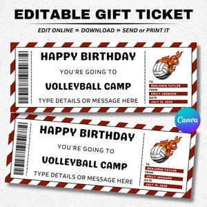 Modelo de voucher de presente de acampamento de vôlei de aniversário - Certificado de cupom de acampamento de vôlei surpresa - Cartão de presente de aniversário editável para impressão