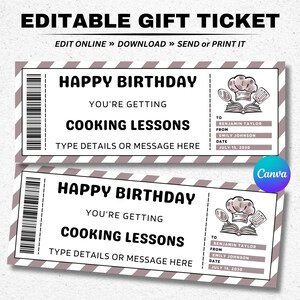 Birthday Cooking Lessons Gift Voucher Ticket Template - Surprise Cooking Lessons Coupon Certificate - Printable Editable Birthday Gift Card