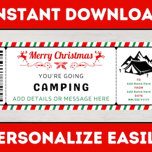 Christmas Camping Gift Voucher Ticket Template - Surprise Camping Coupon Certificate - Printable Editable Christmas Gift Card