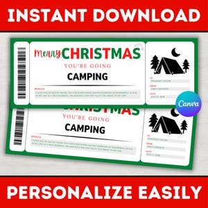 Editable Christmas Camping Gift Ticket Template - Christmas Surprise Camping Trip Voucher Coupon Card - Printable Canva Template