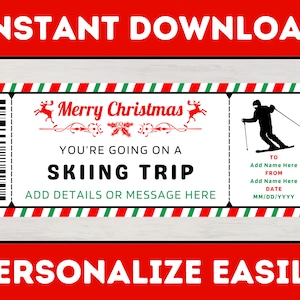 Christmas Skiing Trip Gift Voucher Ticket Template - Surprise Ski Pass Coupon Certificate - Printable Editable Christmas Gift Card