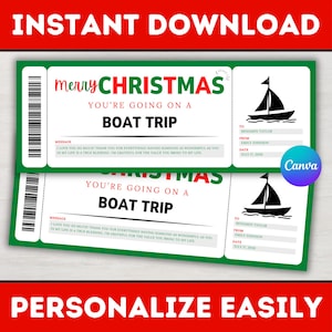 Editable Christmas Boat Trip Gift Ticket Template - Christmas Surprise Boat Tour Voucher Coupon Card - Printable Canva Template