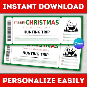Editable Christmas Hunting Trip Gift Ticket Template - Christmas Surprise Hunting Voucher Coupon Card - Printable Canva Template