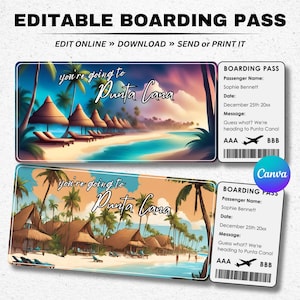 Cartão de embarque Punta Cana - Bilhete de viagem surpresa Punta Cana - Você vai para Punta Cana - Modelo de cartão de embarque para impressão - Passagem aérea