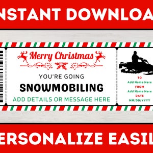 Christmas Snowmobile Gift Voucher Ticket Template - Surprise Snowmobiling Winter Trip Coupon Certificate - Printable Editable Christmas Card