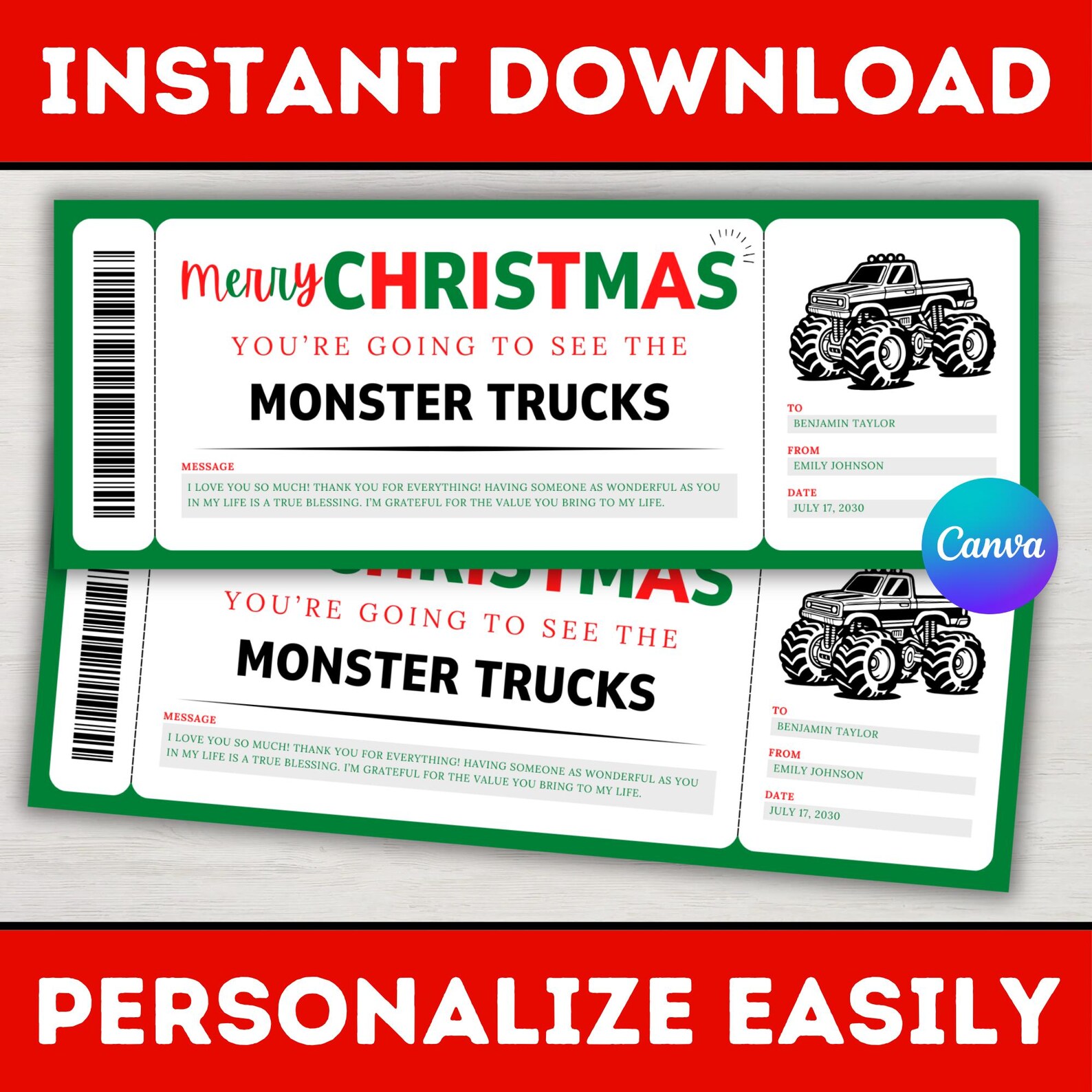 Editable Christmas Monster Truck Gift Ticket Template Christmas