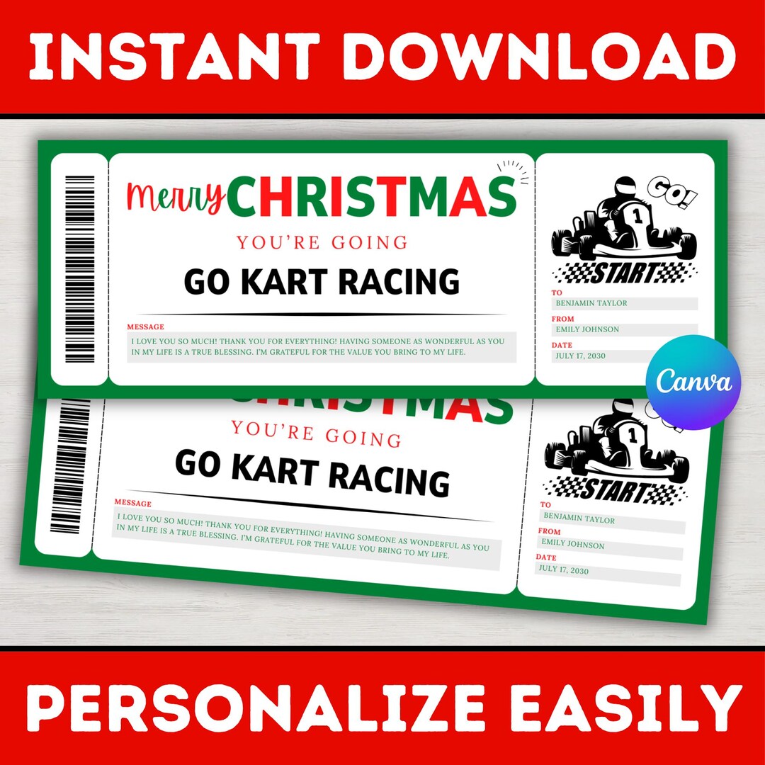 Editable Christmas Go Kart Racing Gift Ticket Template - Christmas ...