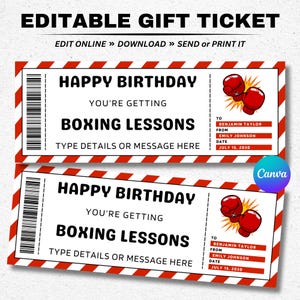 Modello di biglietto voucher regalo per lezioni di boxe di compleanno - Certificato coupon per lezioni di boxe a sorpresa - Carta regalo di compleanno modificabile stampabile