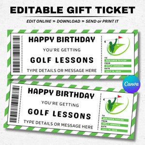 Plantilla de vale de regalo para lecciones de golf de cumpleaños - Certificado de cupón de campamento de golf sorpresa - Tarjeta de regalo de cumpleaños editable e imprimible
