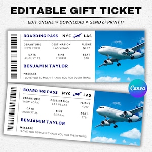 Bearbeitbare Bordkartenvorlage, druckbares personalisiertes Flugticket, Flugticket, Canva Bordkarte, Überraschungsreise, Bordkarte