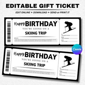 Plantilla editable de boleto de regalo para viaje de esquí de cumpleaños - Tarjeta de cupón de vale de viaje de esquí sorpresa - Plantilla de Canva imprimible - Pase de esquí - Instantáneo