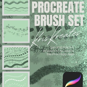 Può includere: Un set di 10 set di pennelli Procreate per l'arte digitale. I pennelli sono progettati per essere utilizzati nell'app Procreate. L'immagine mostra uno sfondo verde con una varietà di pennellate e motivi. Il testo "PROCREATE BRUSH SET" è visualizzato in grandi lettere bianche. L'icona dell'app Procreate è anche visibile nell'immagine.