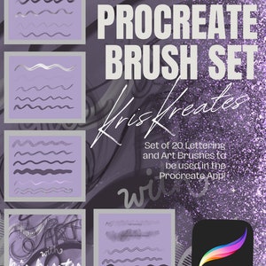 Può includere: Un set di 20 pennelli per lettering e arte Procreate da utilizzare nell'app Procreate. L'immagine mostra uno sfondo viola con una texture scintillante e un set di pennellate in diversi stili. Il testo "Procreate Brush Set" e "Kris Kreate" è visualizzato in bianco.