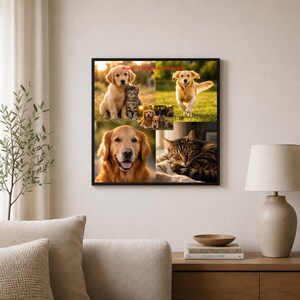Könnte beinhalten: Ein quadratischer Wandkunstdruck in einem schwarzen Rahmen mit einer Fotocollage aus Golden Retrievern und einer getigerten Katze. Der Text Home is Where the Pets Are ist oben in Rot gedruckt. Die Bilder zeigen Hunde und Katzen in verschiedenen Umgebungen.