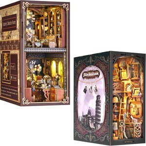 May include: Two miniature dollhouse room kits, one with a butterfly collection room theme and the other with a film darkroom theme. Both kits feature intricate details and are made of wood.