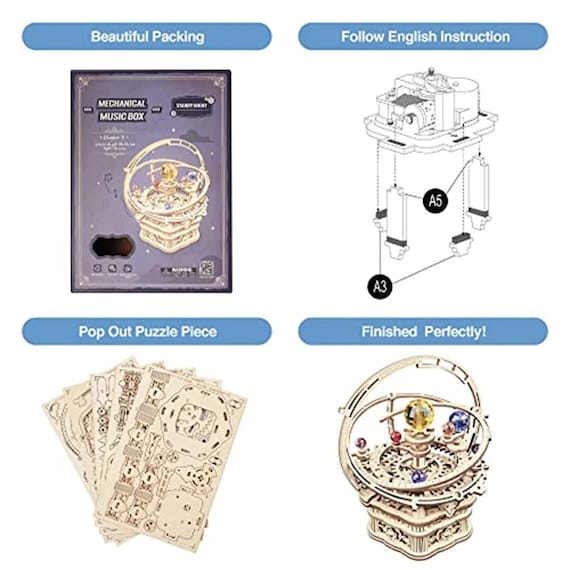 ROKR Maqueta 3D De Madera Caja De Música Noche Estrellada – Puzzle Mecánico Con Engranajes, 84 Piezas, Regalo DIY Para Adultos