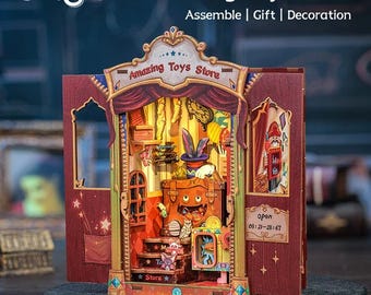 DIY Toy Store Book Nook Kit: Miniature Wooden Dollhouse Bookshelf Insert with Light