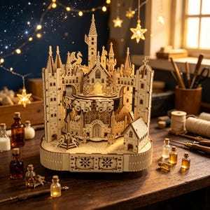 Puede incluir: Un modelo de castillo de madera clara con intrincados detalles cortados con láser, múltiples torres, una estructura central iluminada y pequeñas figuras. La estructura se asienta sobre una base rectangular con patrones decorativos e iluminación.